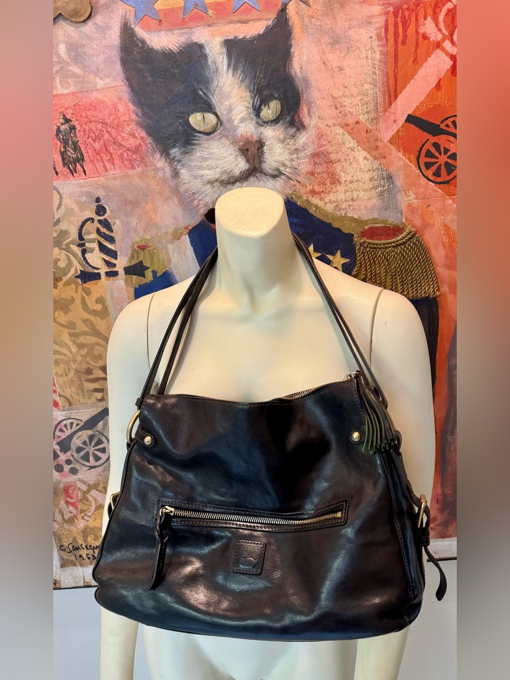 Dooney & Bourke Florentine black leather tassel green suede Gold HW satchel EC